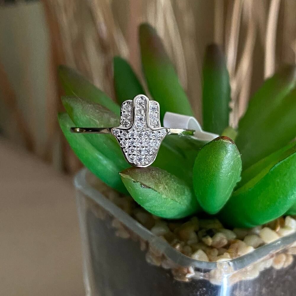 Hamsa Micro Pave CZ 14K Sterling Silver Ring